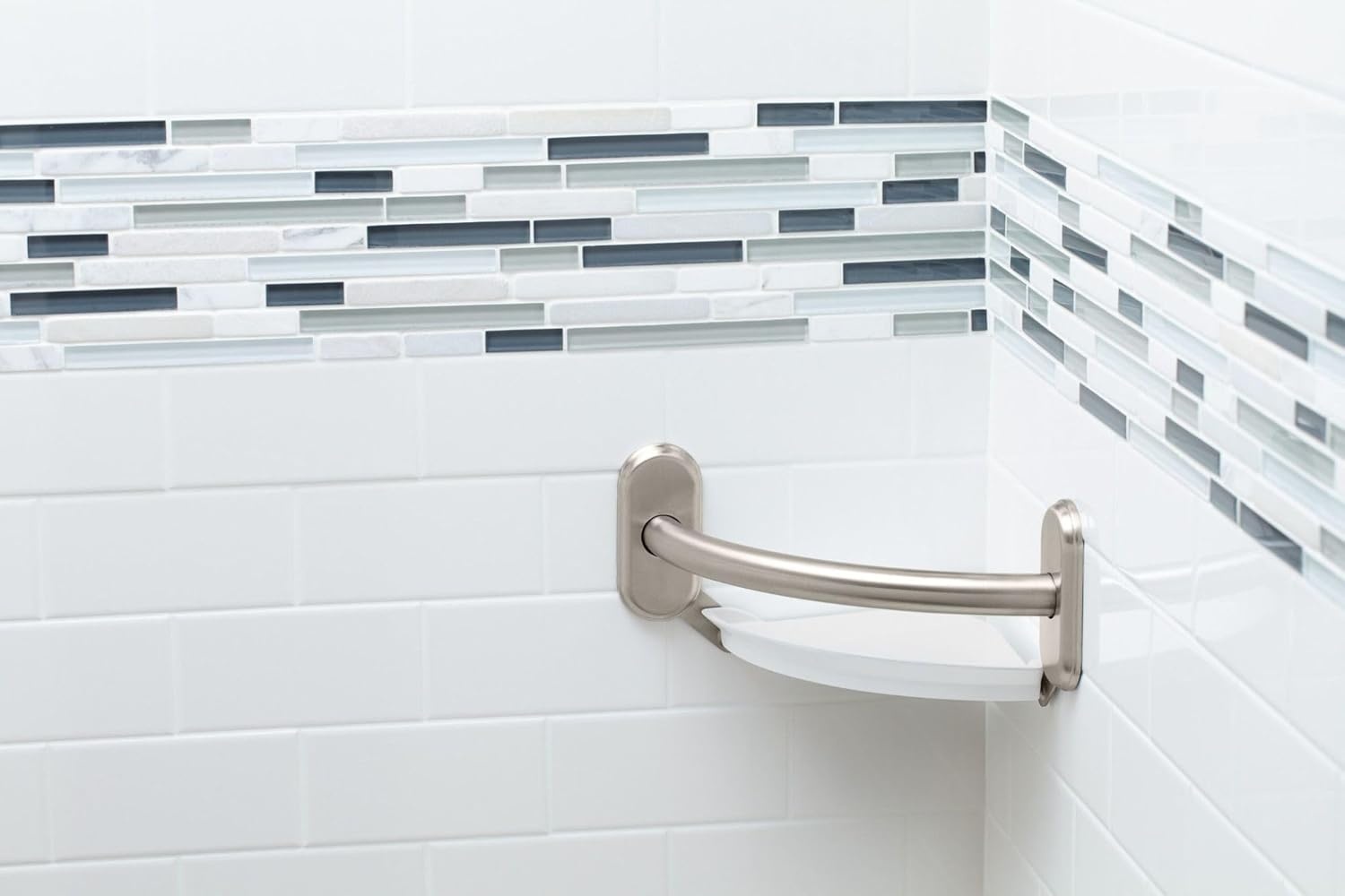 image:imageMoen LR2354DBN Bathroom Safety 9Inch Curved Bathroom Grab Bar with Integrated Corner Shelf Brushed NickelBrushed Nickel