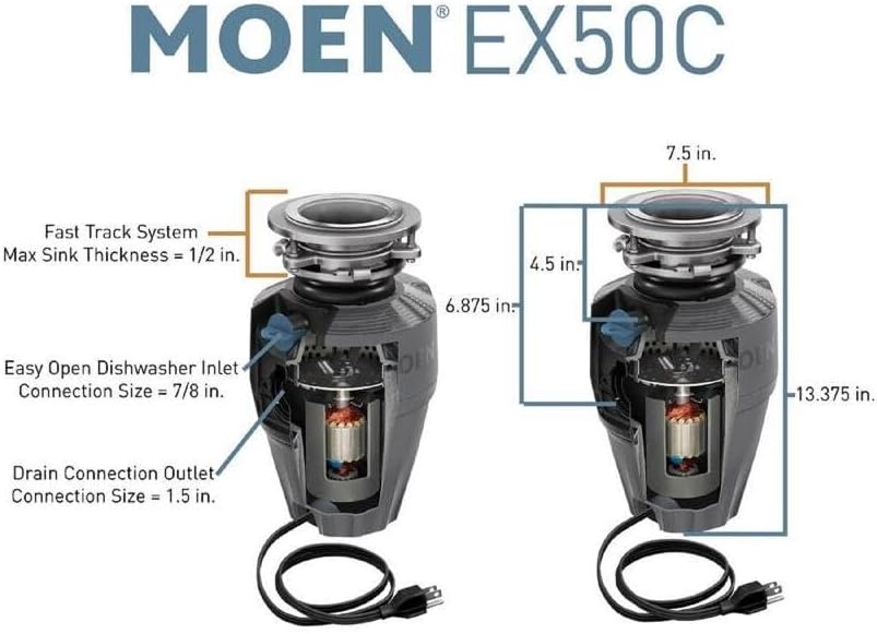 image:imageMoen Lite Series PRO Compact Continuous Feed Garbage Disposal for Kitchen Sink with Power Cord GXP33C05 HP