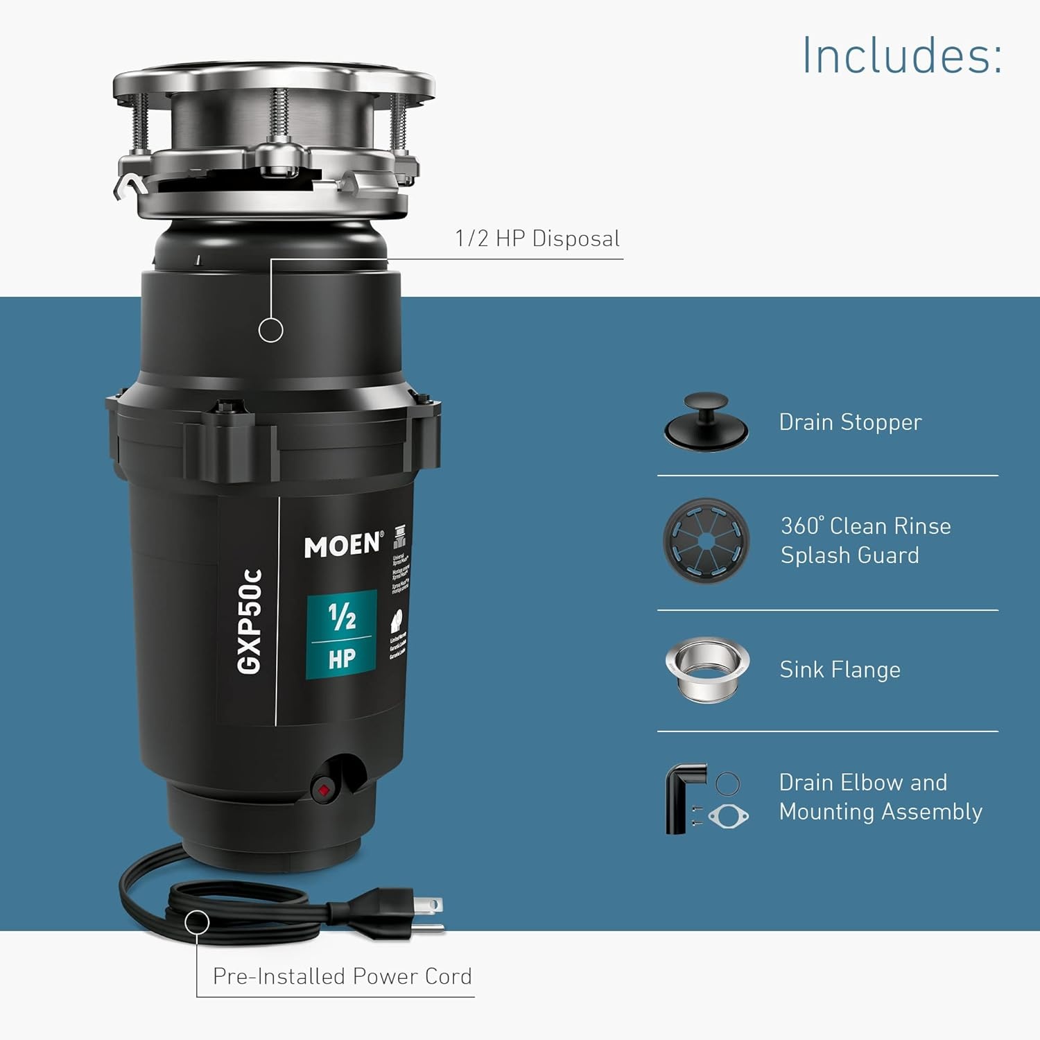 image:imageMoen Lite Series PRO Compact Continuous Feed Garbage Disposal for Kitchen Sink with Power Cord GXP33C05 HP