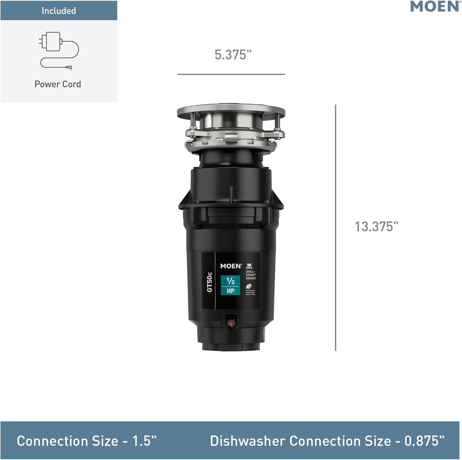 image:imageMoen Lite Series PRO Compact Continuous Feed Garbage Disposal for Kitchen Sink with Power Cord GXP33C05 HP