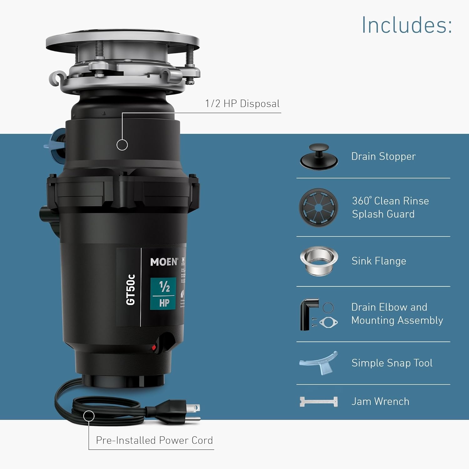 image:imageMoen Lite Series PRO Compact Continuous Feed Garbage Disposal for Kitchen Sink with Power Cord GXP33C05 HP