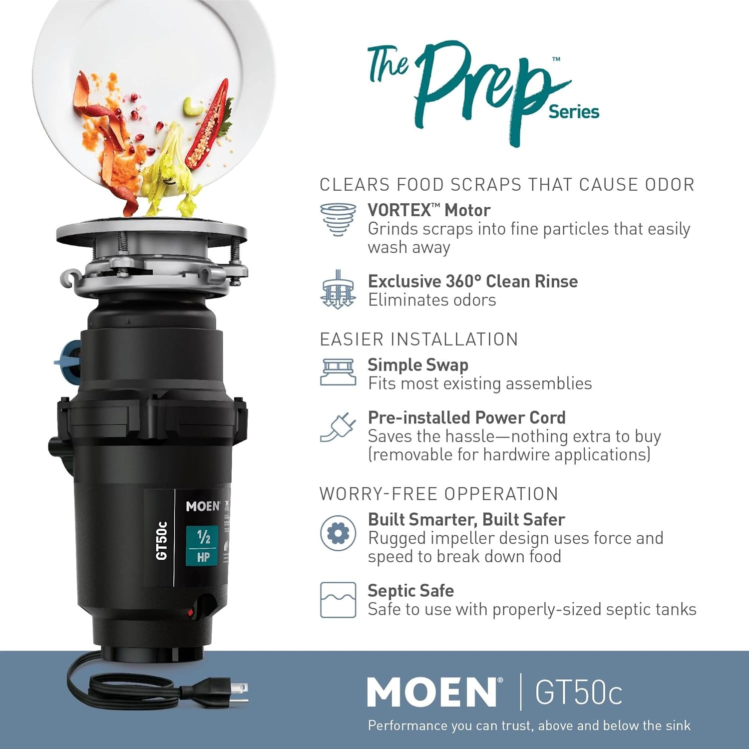 image:imageMoen Lite Series PRO Compact Continuous Feed Garbage Disposal for Kitchen Sink with Power Cord GXP33C05 HP