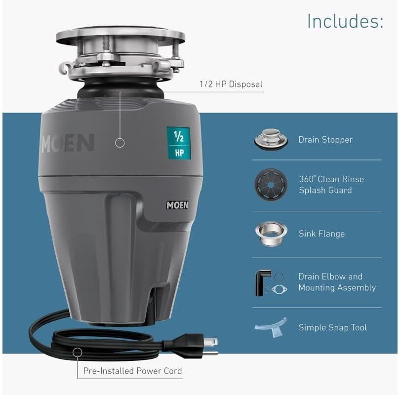 image:imageMoen Lite Series PRO Compact Continuous Feed Garbage Disposal for Kitchen Sink with Power Cord GXP33C05 HP
