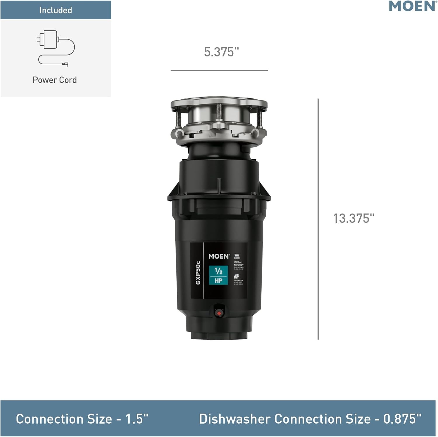 image:imageMoen Lite Series PRO Compact Continuous Feed Garbage Disposal for Kitchen Sink with Power Cord GXP33C05 HP Pack of 2
