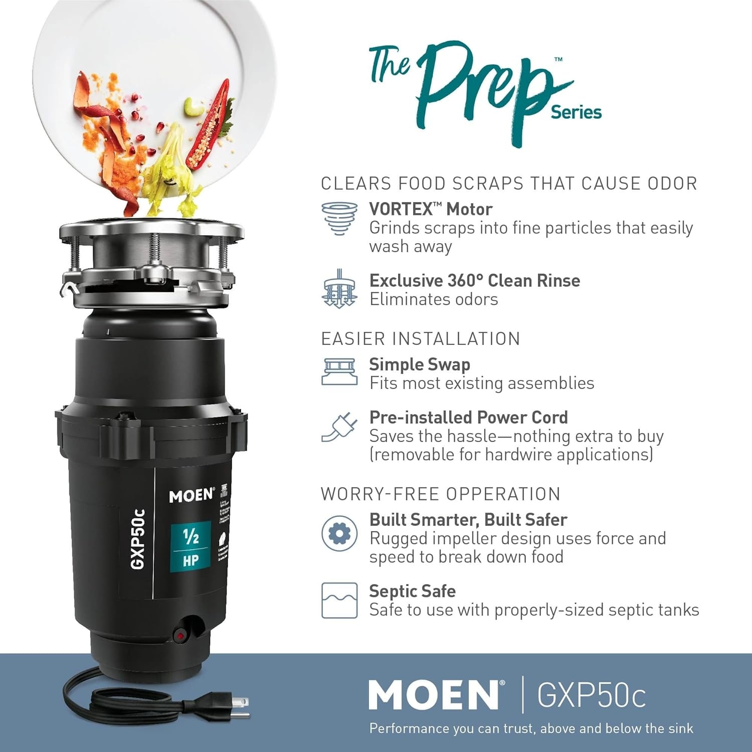 image:imageMoen Lite Series PRO Compact Continuous Feed Garbage Disposal for Kitchen Sink with Power Cord GXP33C05 HP Pack of 2