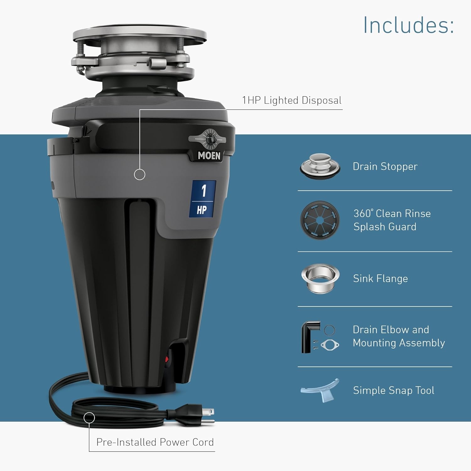 image:imageMoen Lite Series PRO Compact Continuous Feed Garbage Disposal for Kitchen Sink with Power Cord GXP33C1 HP