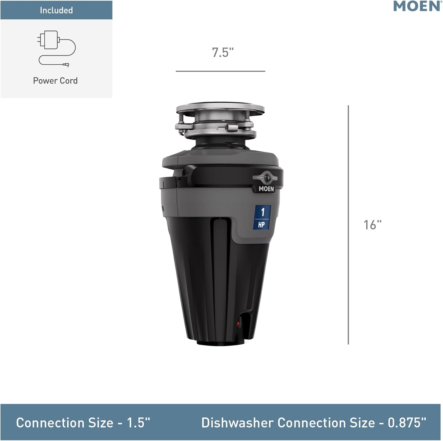 image:imageMoen Lite Series PRO Compact Continuous Feed Garbage Disposal for Kitchen Sink with Power Cord GXP33C1 HP