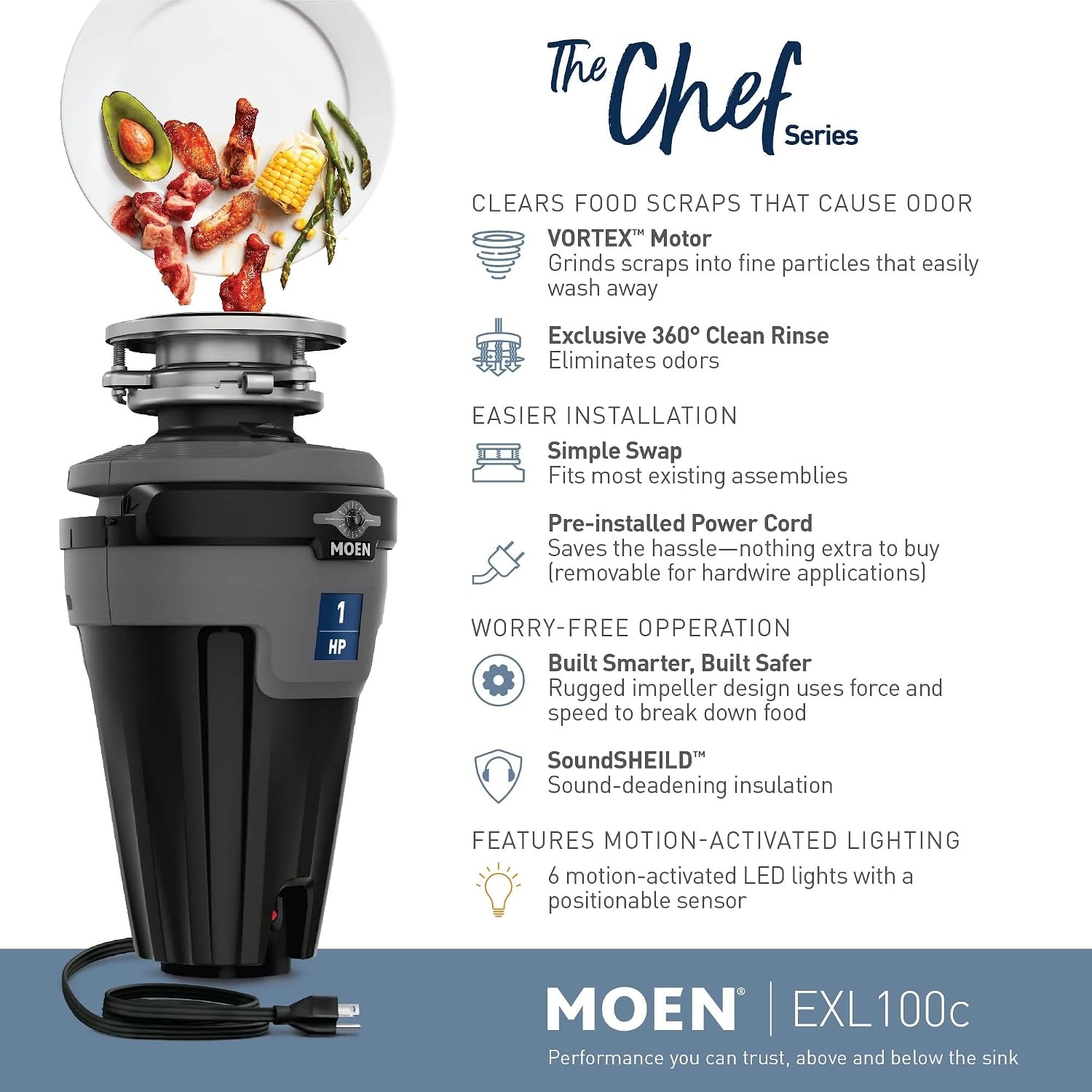 image:imageMoen Lite Series PRO Compact Continuous Feed Garbage Disposal for Kitchen Sink with Power Cord GXP33C1 HP