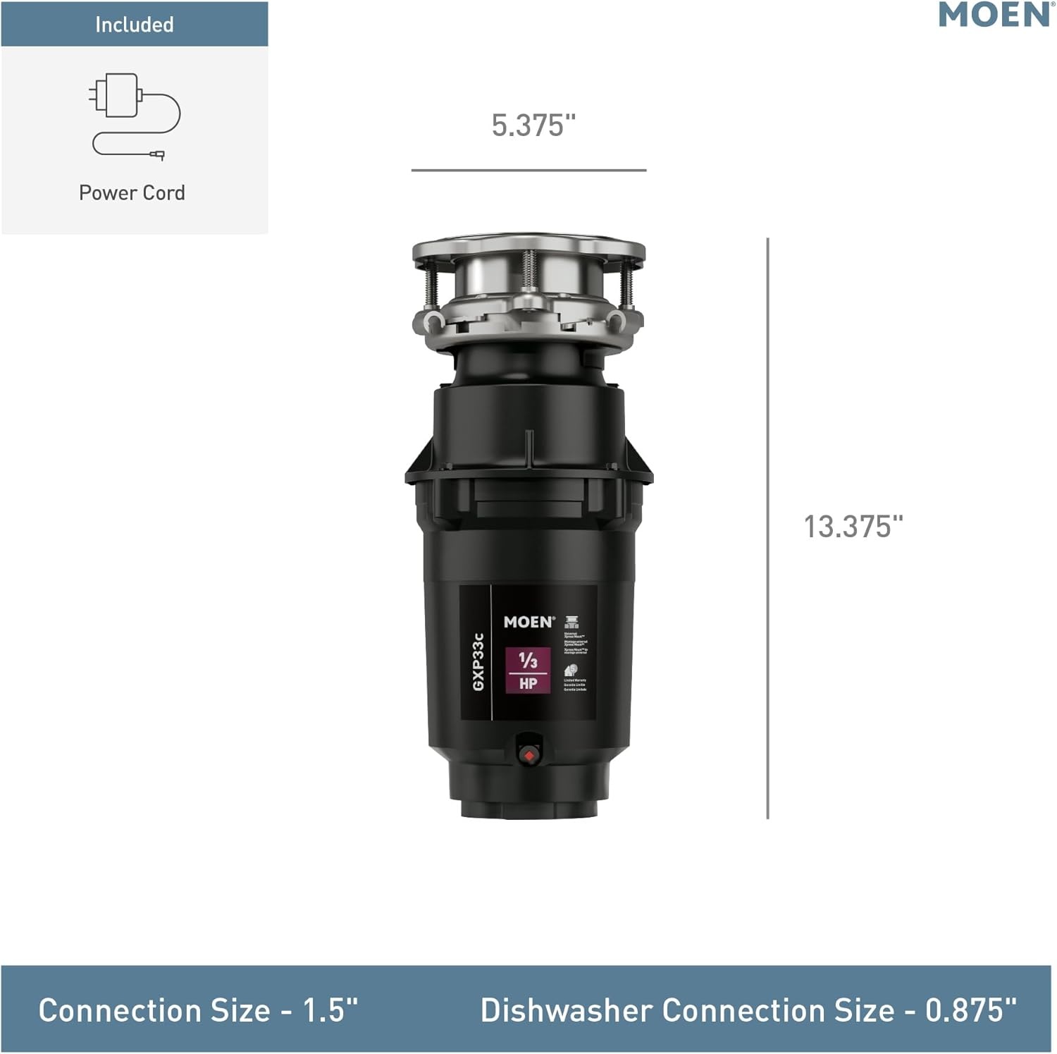 image:imageMoen Lite Series PRO Compact Continuous Feed Garbage Disposal for Kitchen Sink with Power Cord GXP33C13 HP