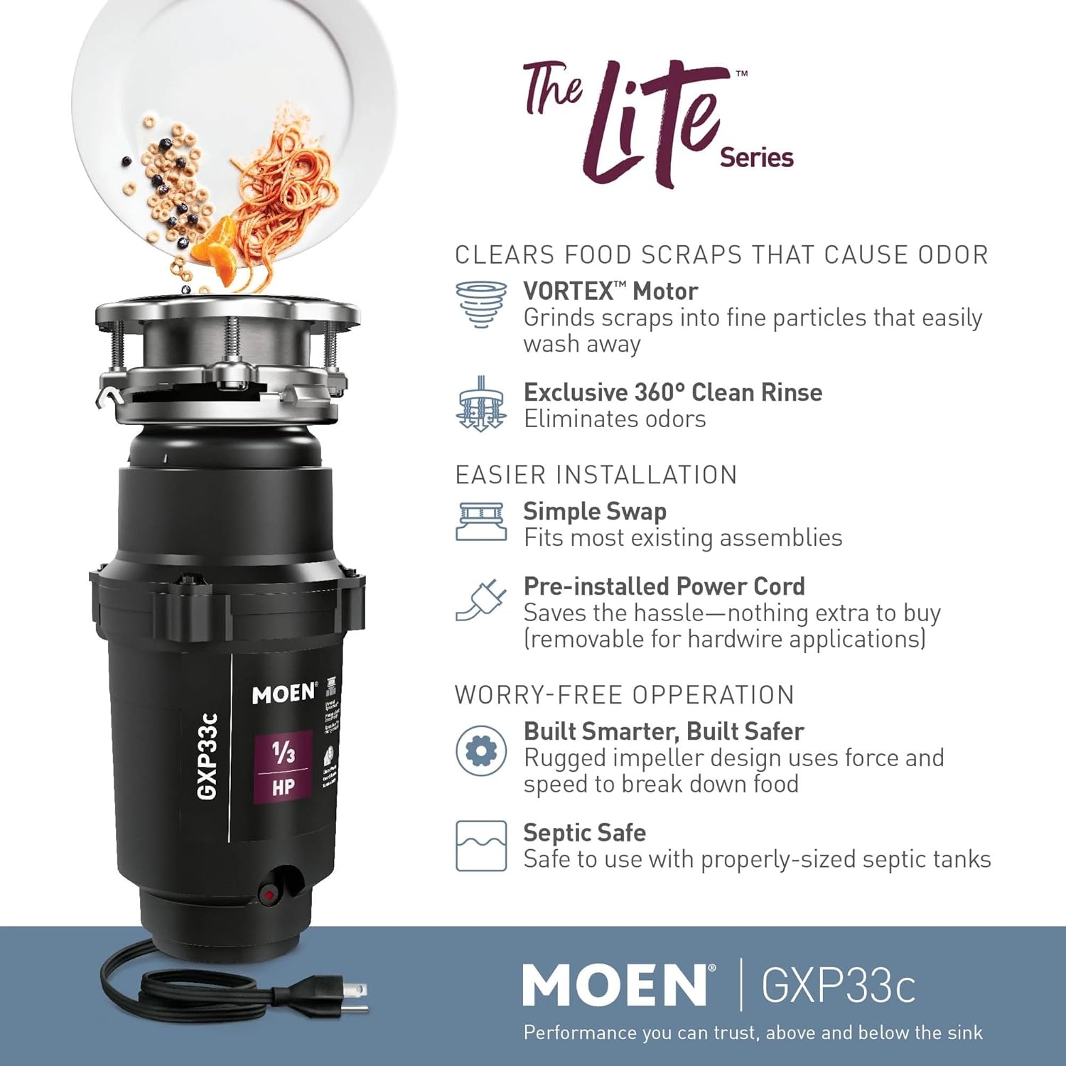 image:imageMoen Lite Series PRO Compact Continuous Feed Garbage Disposal for Kitchen Sink with Power Cord GXP33C13 HP