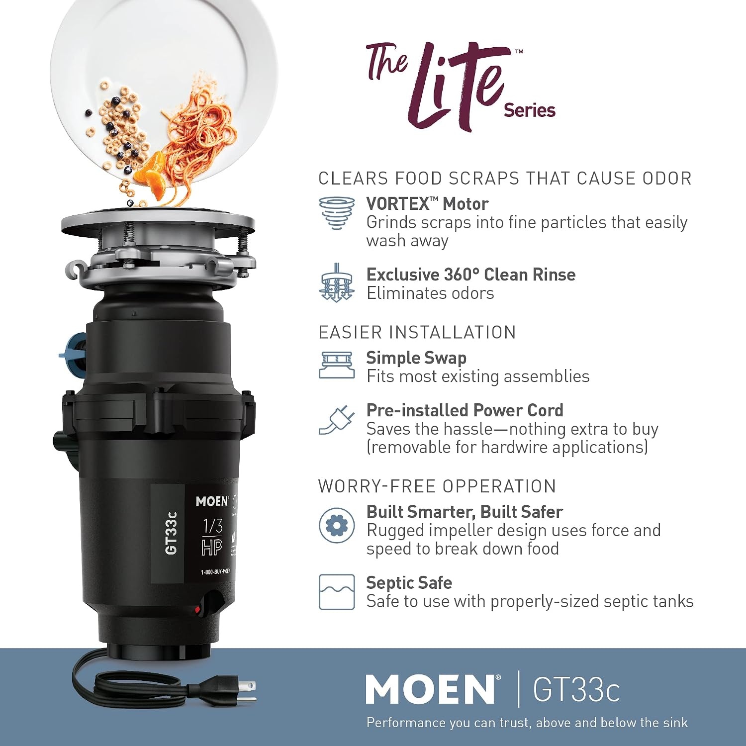 image:imageMoen Lite Series PRO Compact Continuous Feed Garbage Disposal for Kitchen Sink with Power Cord GXP33C13 HP