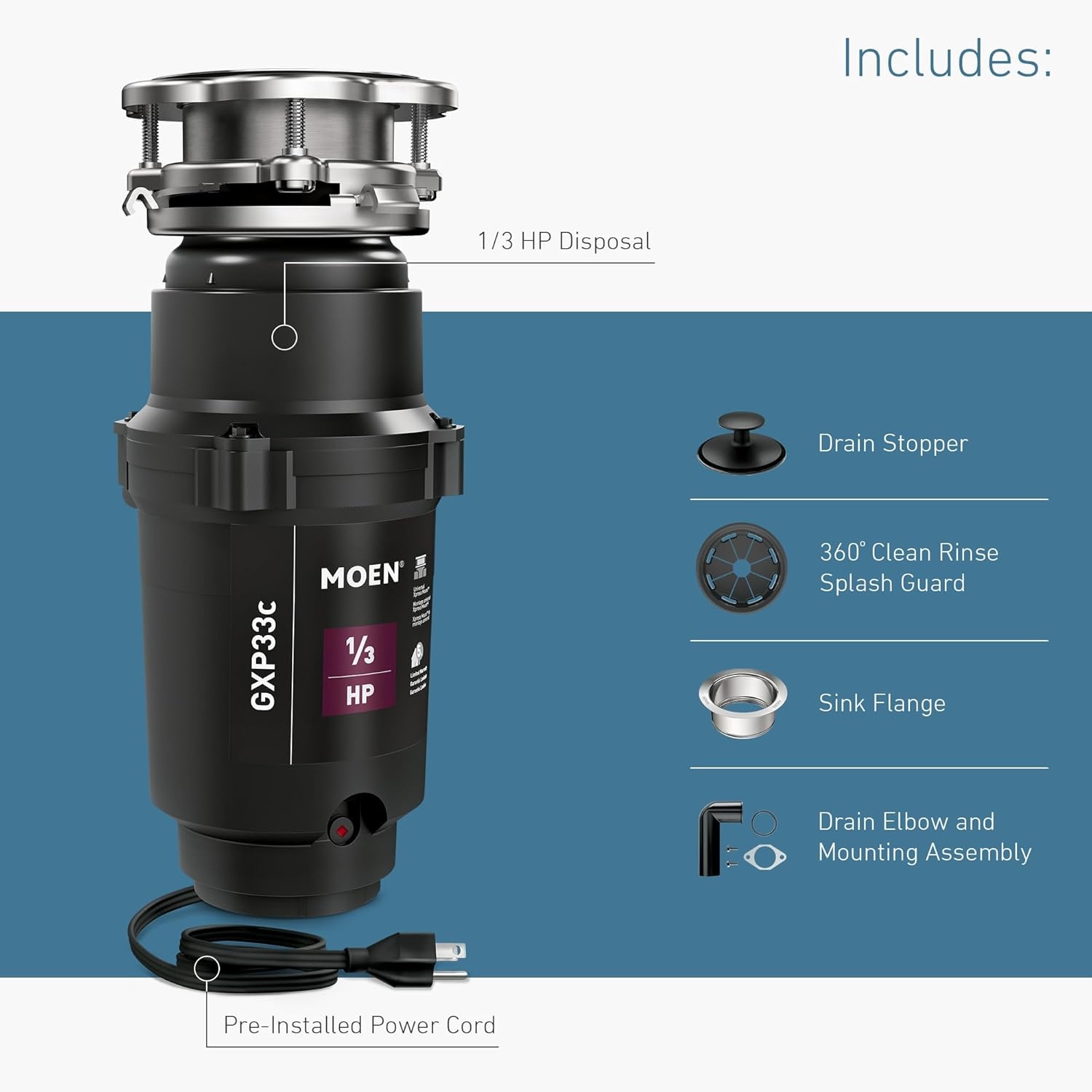 image:imageMoen Lite Series PRO Compact Continuous Feed Garbage Disposal for Kitchen Sink with Power Cord GXP33C13 HP