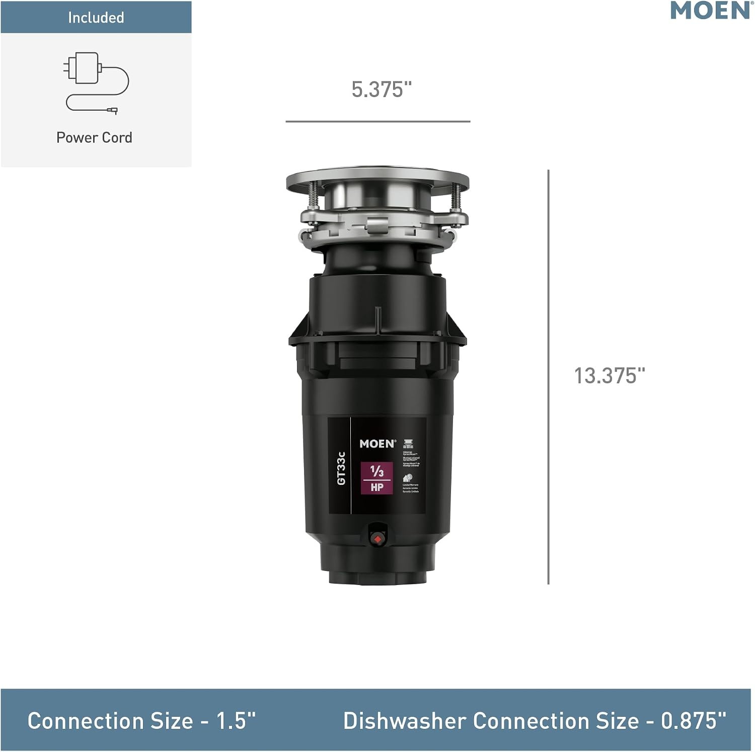 image:imageMoen Lite Series PRO Compact Continuous Feed Garbage Disposal for Kitchen Sink with Power Cord GXP33C13 HP