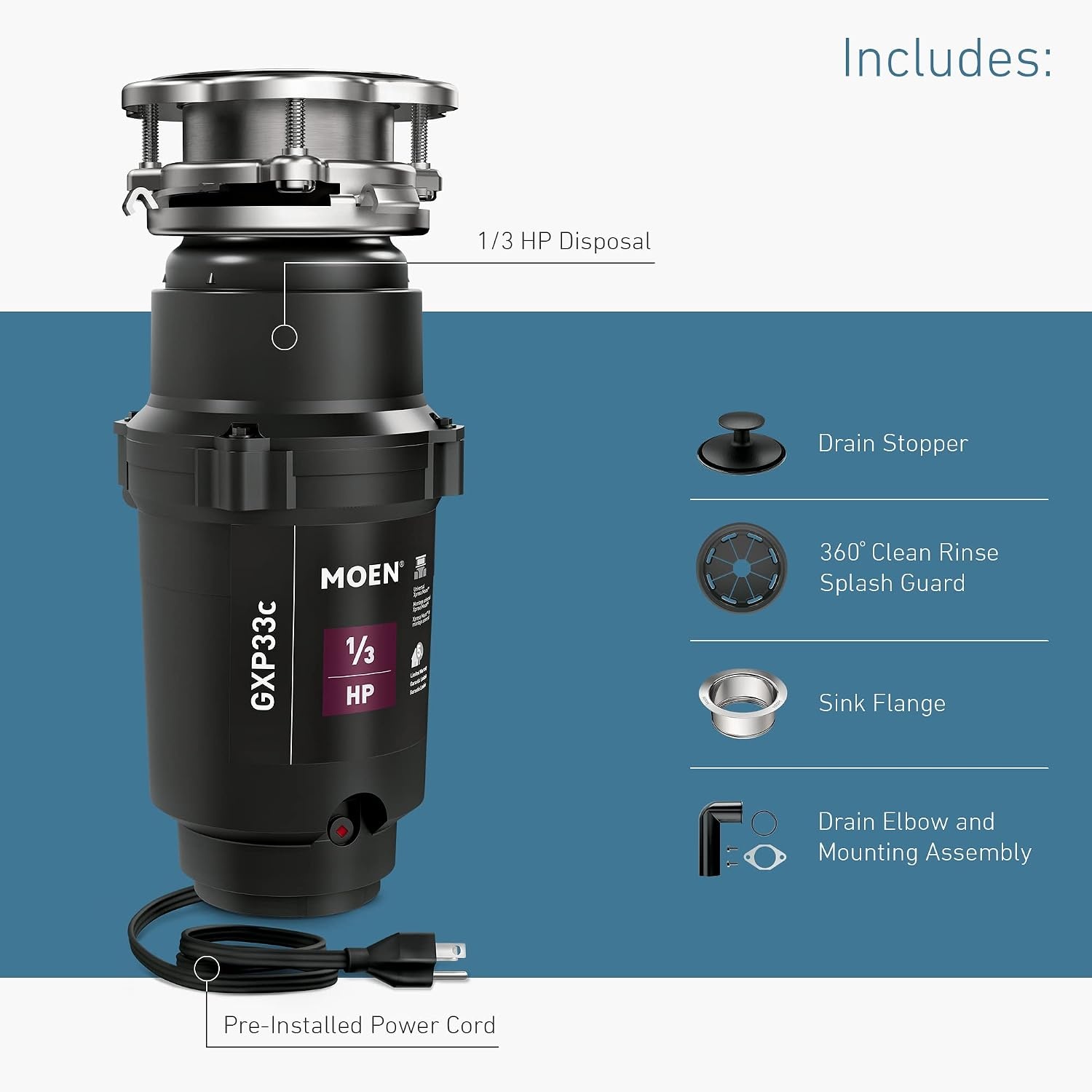 image:imageMoen Lite Series PRO Compact Continuous Feed Garbage Disposal for Kitchen Sink with Power Cord GXP33C13 HP Pack of 2