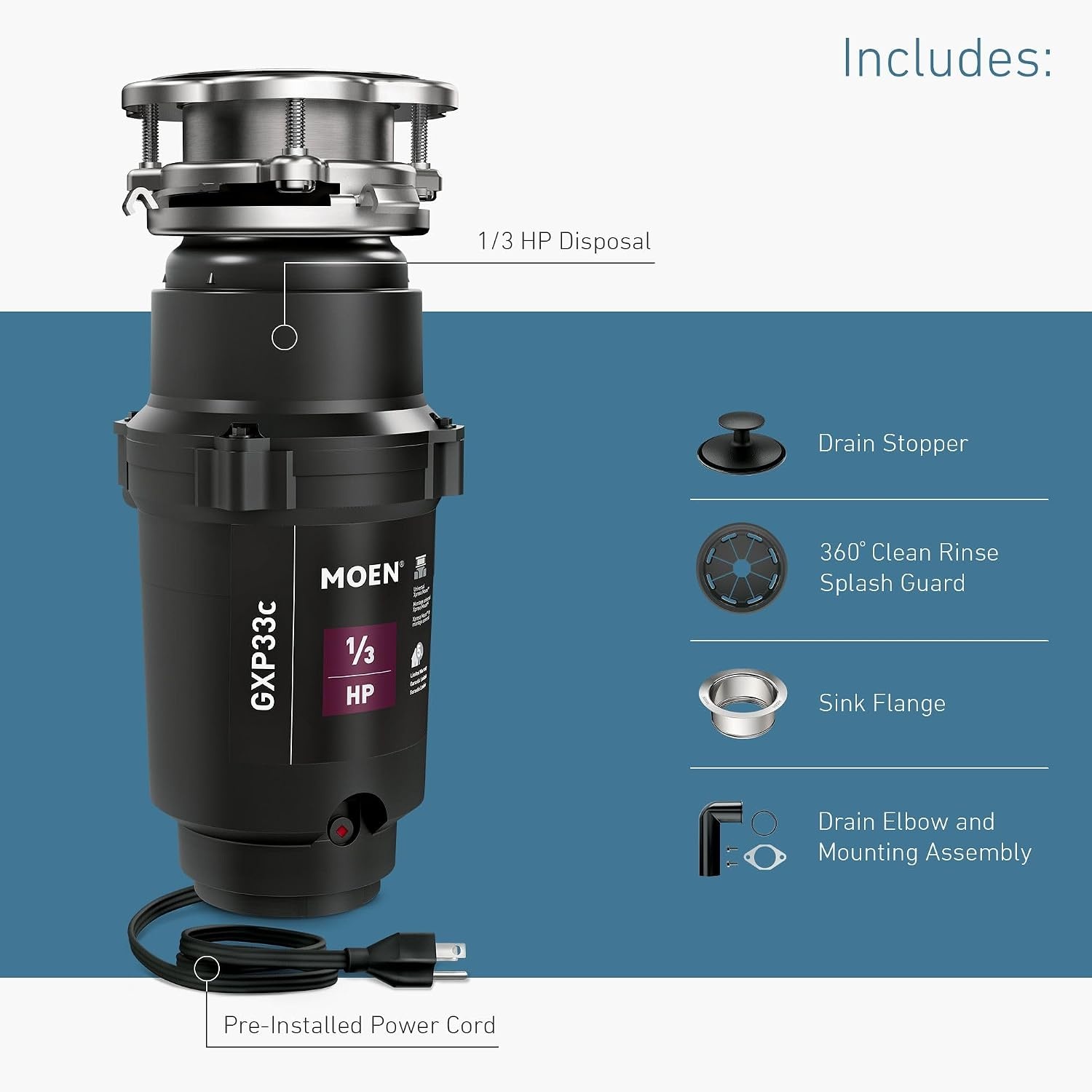 image:imageMoen Lite Series PRO Compact Continuous Feed Garbage Disposal for Kitchen Sink with Power Cord GXP33C13 HP Pack of 2
