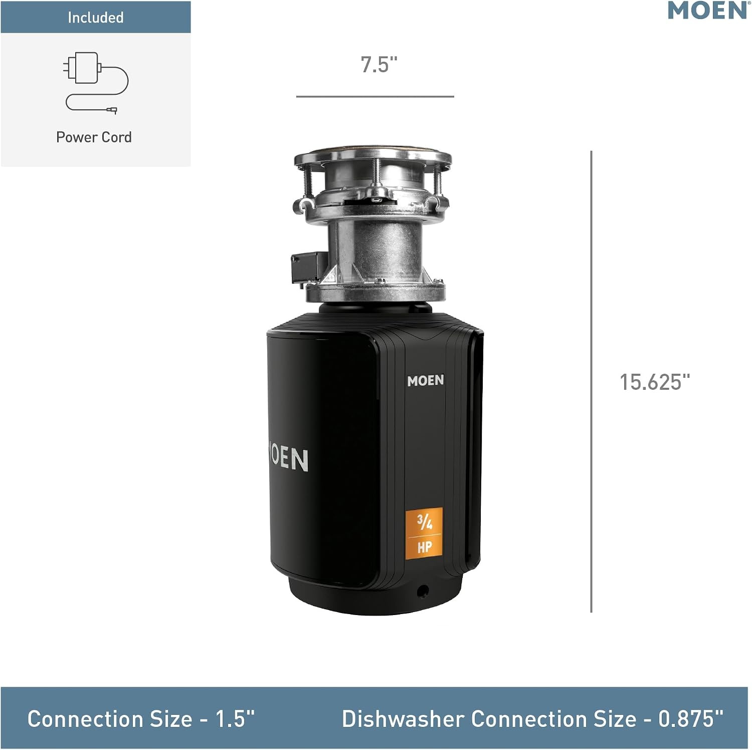 image:imageMoen Lite Series PRO Compact Continuous Feed Garbage Disposal for Kitchen Sink with Power Cord GXP33C34 HP