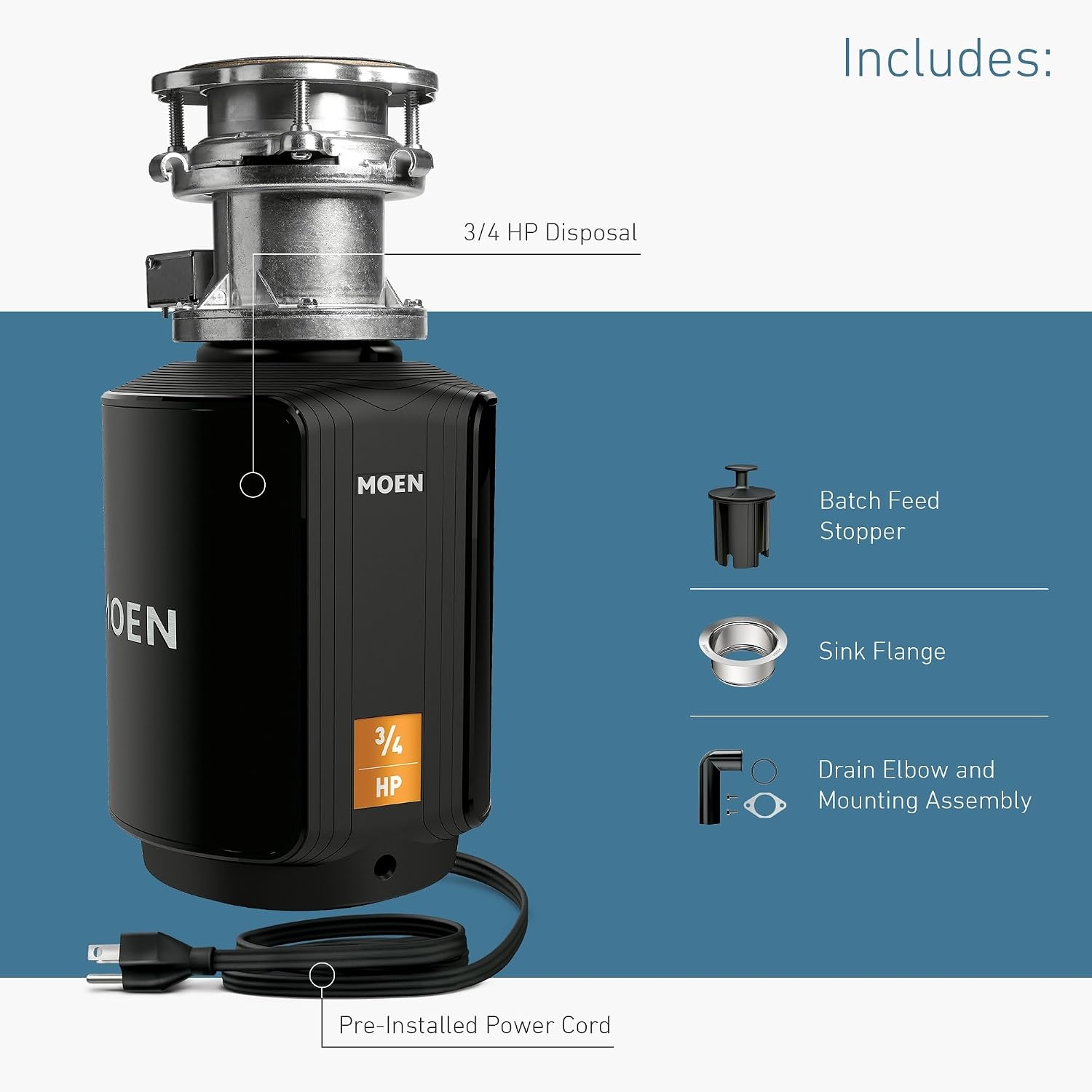 image:imageMoen Lite Series PRO Compact Continuous Feed Garbage Disposal for Kitchen Sink with Power Cord GXP33C34 HP