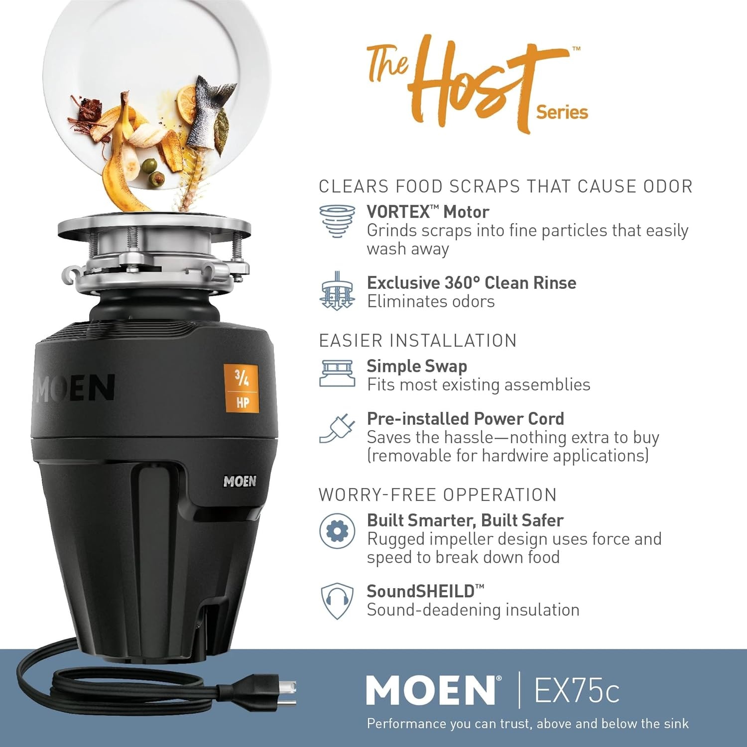 image:imageMoen Lite Series PRO Compact Continuous Feed Garbage Disposal for Kitchen Sink with Power Cord GXP33C34 HP