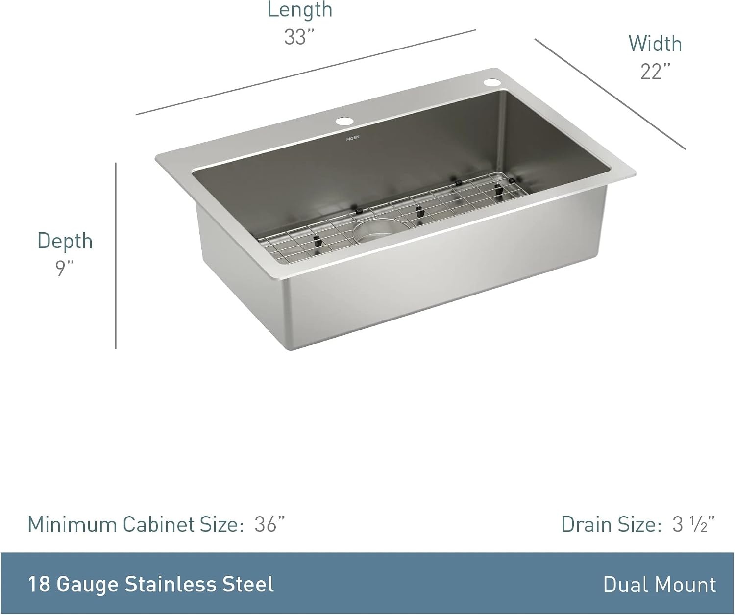 image:imageMoen Luxe Chef 18Gauge Stainless Steel Dual Mount 33 x 22 Single Bowl Workstation Sink Includes Cutting Board Flexible Drying Rack Colander Bottom Sink Grid and Drain GS181012BUXDual Mount