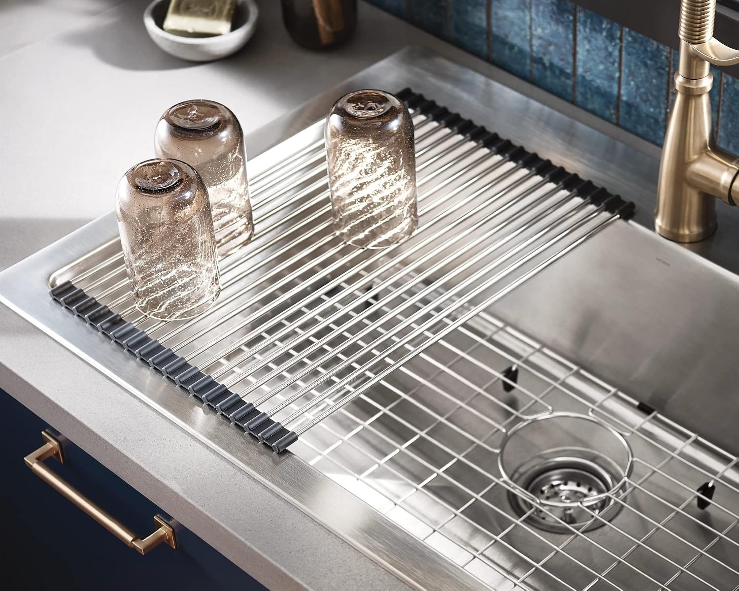 image:imageMoen Luxe Chef 18Gauge Stainless Steel Dual Mount 33 x 22 Single Bowl Workstation Sink Includes Cutting Board Flexible Drying Rack Colander Bottom Sink Grid and Drain GS181012BUXDual Mount