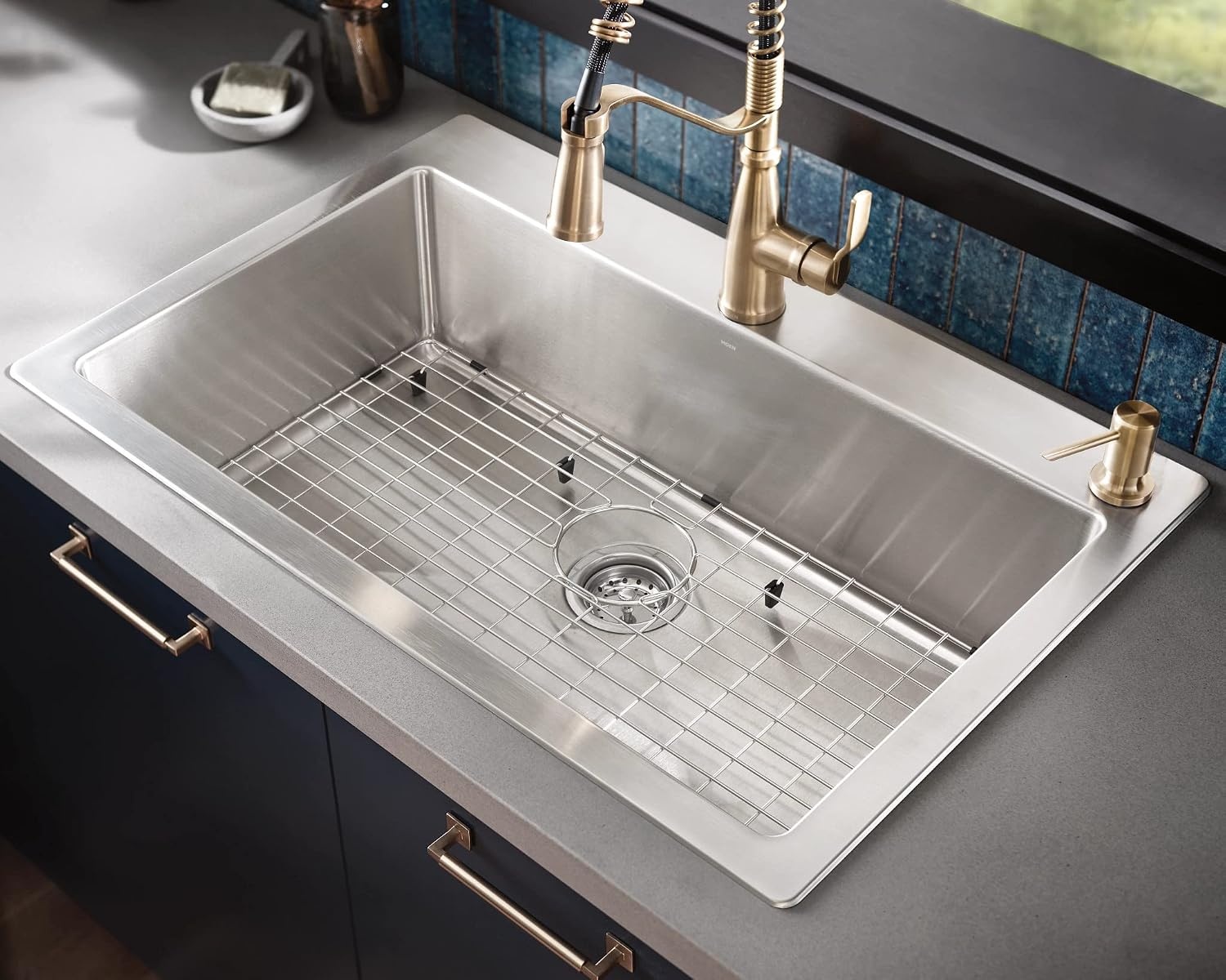 image:imageMoen Luxe Chef 18Gauge Stainless Steel Dual Mount 33 x 22 Single Bowl Workstation Sink Includes Cutting Board Flexible Drying Rack Colander Bottom Sink Grid and Drain GS181012BUXDual Mount