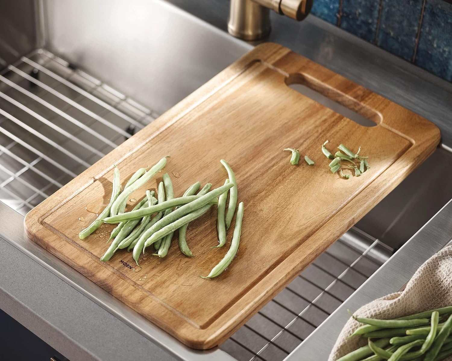 image:imageMoen Luxe Chef 18Gauge Stainless Steel Dual Mount 33 x 22 Single Bowl Workstation Sink Includes Cutting Board Flexible Drying Rack Colander Bottom Sink Grid and Drain GS181012BUXDual Mount