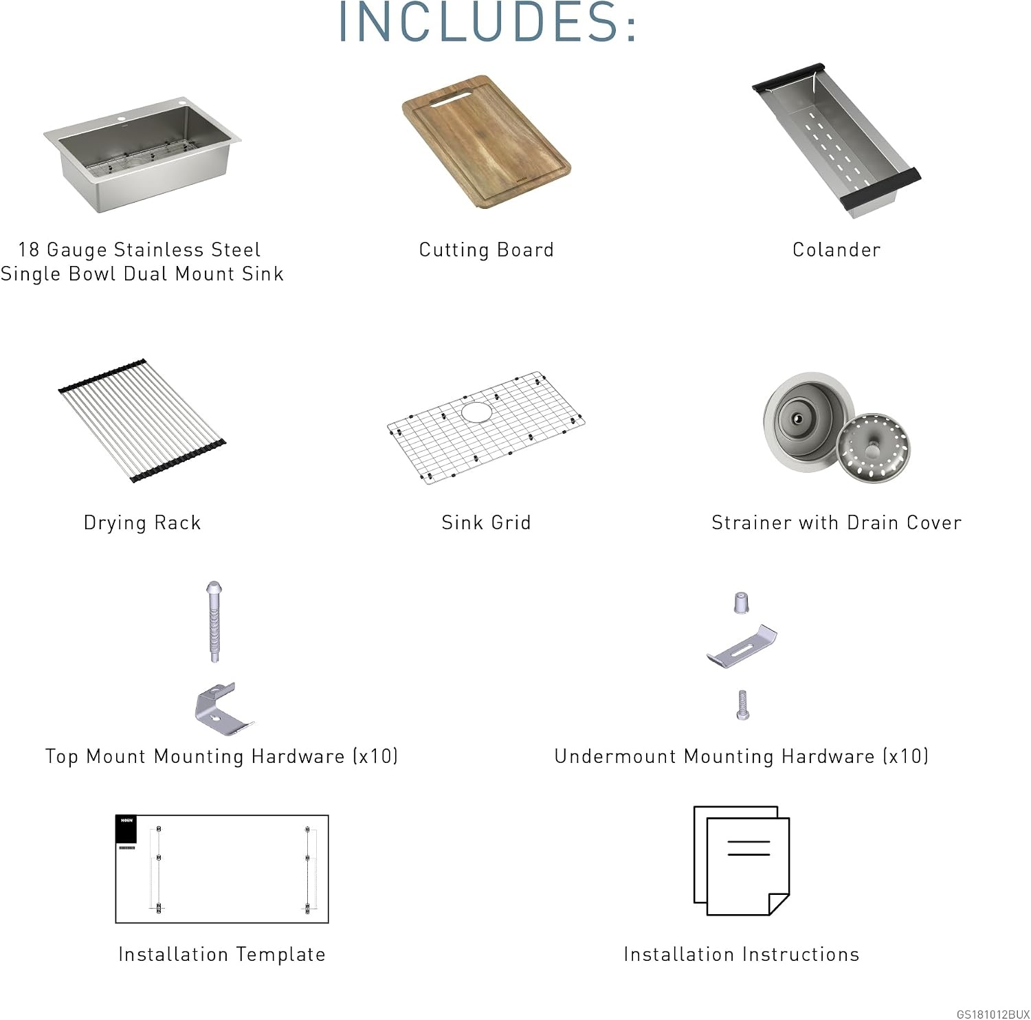 image:imageMoen Luxe Chef 18Gauge Stainless Steel Dual Mount 33 x 22 Single Bowl Workstation Sink Includes Cutting Board Flexible Drying Rack Colander Bottom Sink Grid and Drain GS181012BUXDual Mount