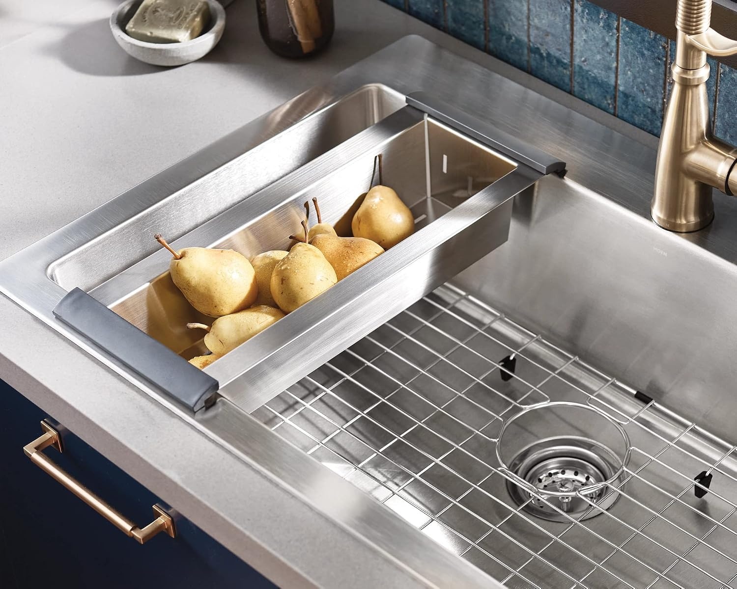 image:imageMoen Luxe Chef 18Gauge Stainless Steel Dual Mount 33 x 22 Single Bowl Workstation Sink Includes Cutting Board Flexible Drying Rack Colander Bottom Sink Grid and Drain GS181012BUXDual Mount