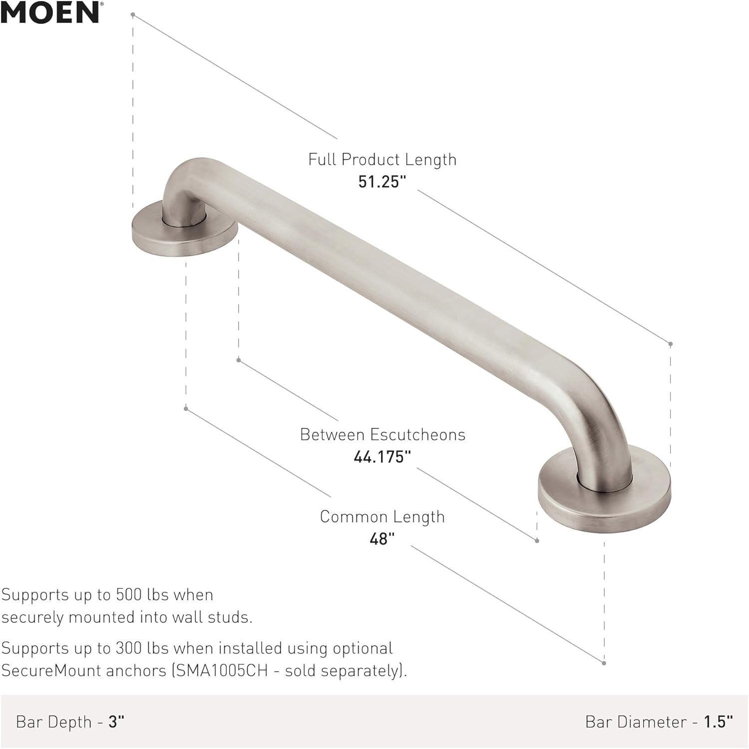 image:imageMoen Matte Black 48Inch Stainless Steel Bath Safety Grab Bar with Concealed Screws R8948BL