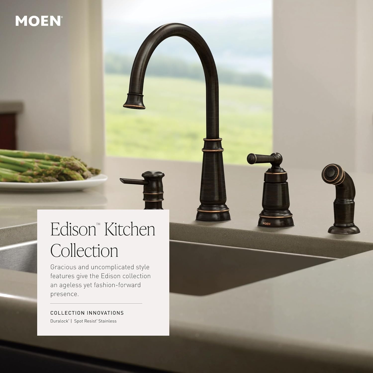 image:imageMoen Mediterranean Bronze OneHandle High Arc Widespread Kitchen Faucet 4Hole Setup with Soap Dispenser 87042BRBMediterranean Bronze