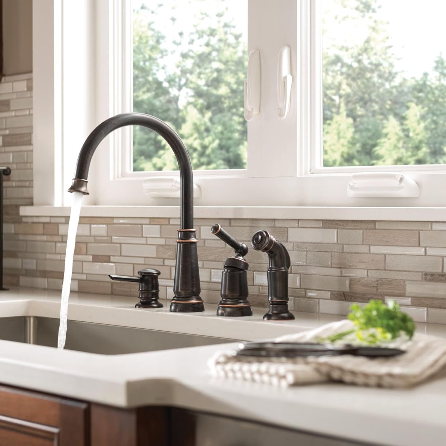 image:imageMoen Mediterranean Bronze OneHandle High Arc Widespread Kitchen Faucet 4Hole Setup with Soap Dispenser 87042BRBMediterranean Bronze