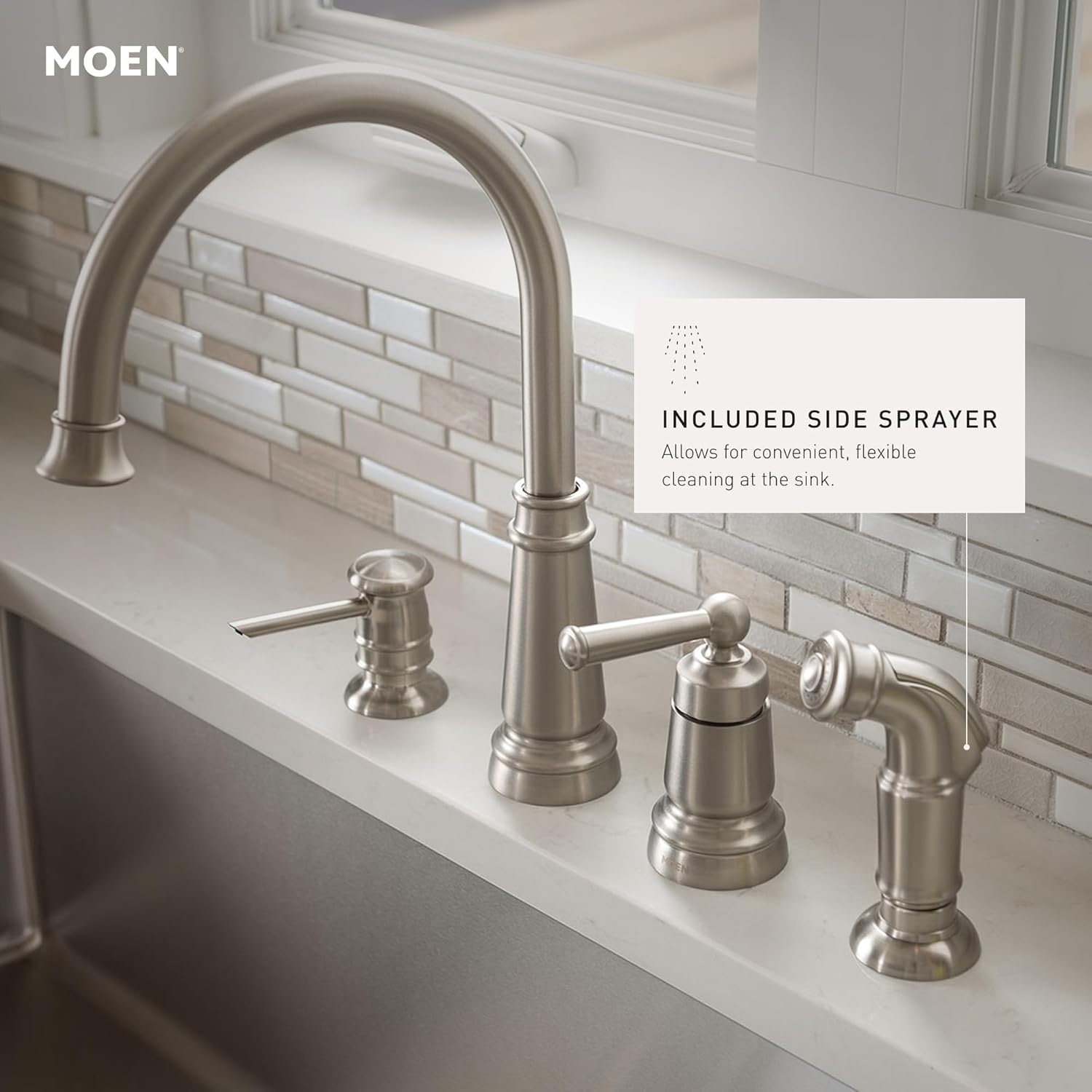 image:imageMoen Mediterranean Bronze OneHandle High Arc Widespread Kitchen Faucet 4Hole Setup with Soap Dispenser 87042BRBMediterranean Bronze