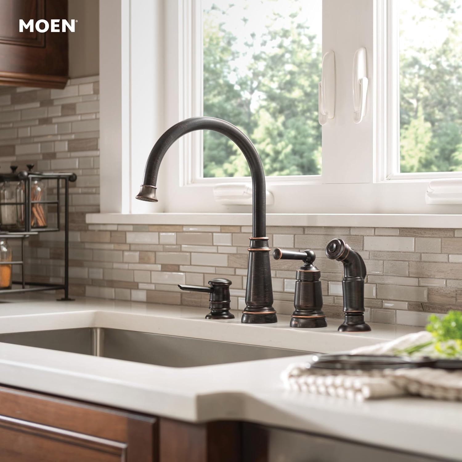 image:imageMoen Mediterranean Bronze OneHandle High Arc Widespread Kitchen Faucet 4Hole Setup with Soap Dispenser 87042BRBMediterranean Bronze