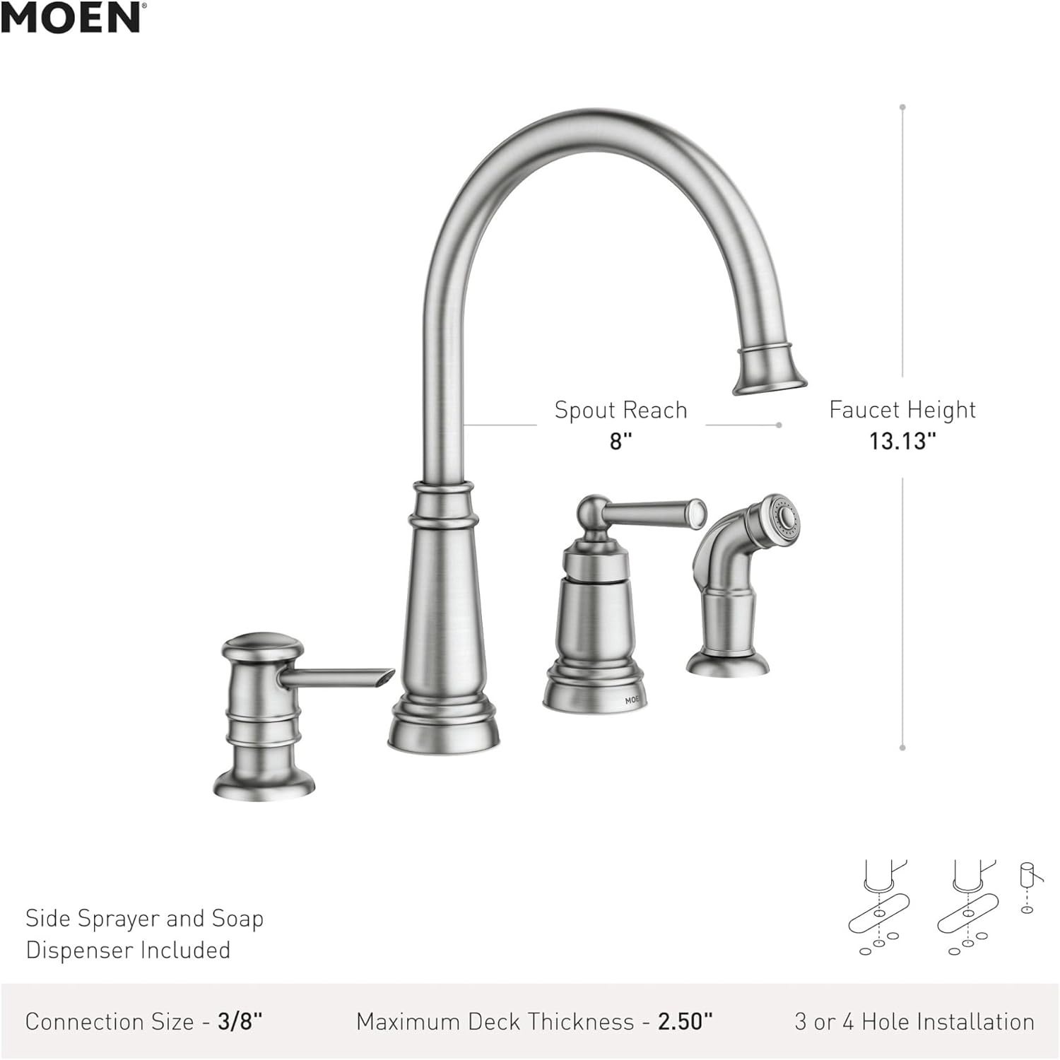 image:imageMoen Mediterranean Bronze OneHandle High Arc Widespread Kitchen Faucet 4Hole Setup with Soap Dispenser 87042BRBMediterranean Bronze