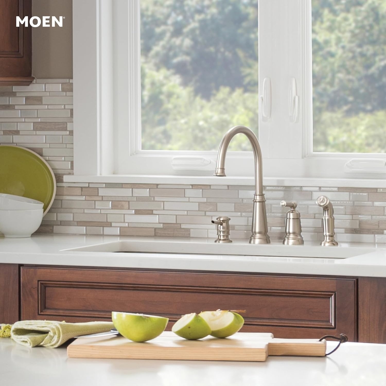 image:imageMoen Mediterranean Bronze OneHandle High Arc Widespread Kitchen Faucet 4Hole Setup with Soap Dispenser 87042BRBSpot Resist Stainless