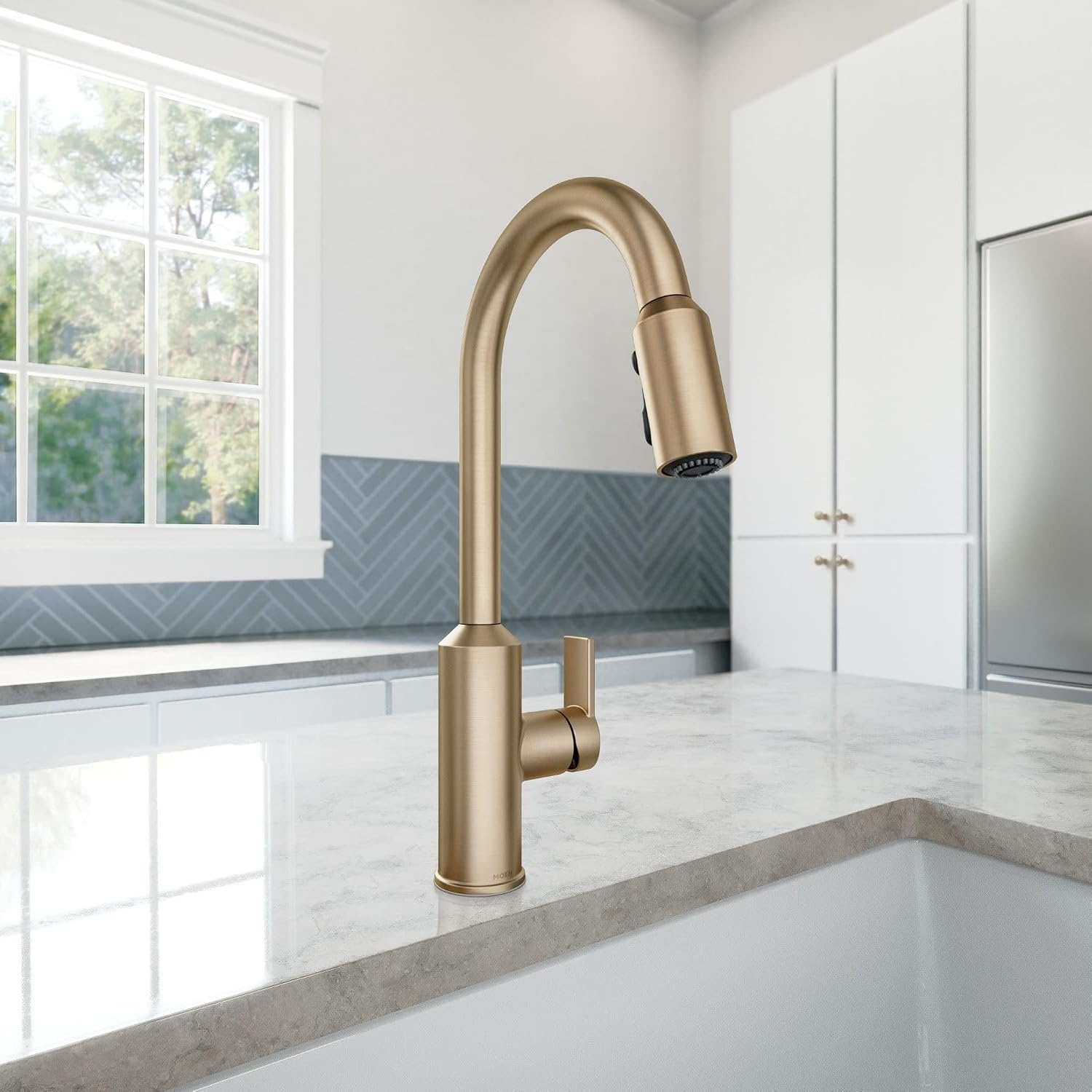 image:imageMoen Meena One Handle Kitchen Faucet with Pull Down Sprayer High Arc Kitchen Sink Faucet Featuring Reflex System and Duralock Quick Connect Bronzed Gold 87270BZGBronzed Gold