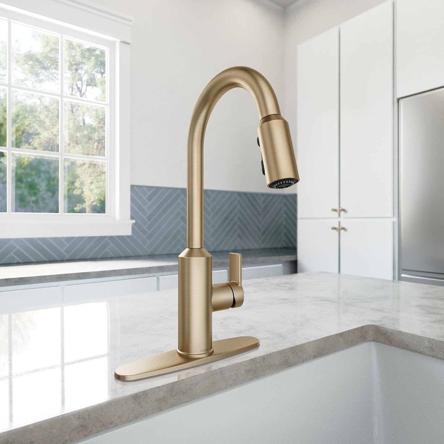 image:imageMoen Meena One Handle Kitchen Faucet with Pull Down Sprayer High Arc Kitchen Sink Faucet Featuring Reflex System and Duralock Quick Connect Bronzed Gold 87270BZGBronzed Gold