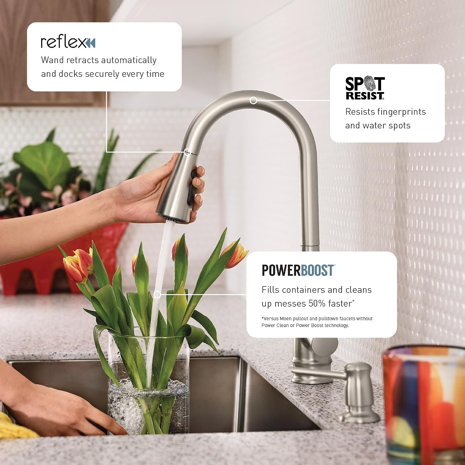 image:imageMoen Meena One Handle Kitchen Faucet with Pull Down Sprayer High Arc Kitchen Sink Faucet Featuring Reflex System and Duralock Quick Connect Bronzed Gold 87270BZGSpot Resist Stainless