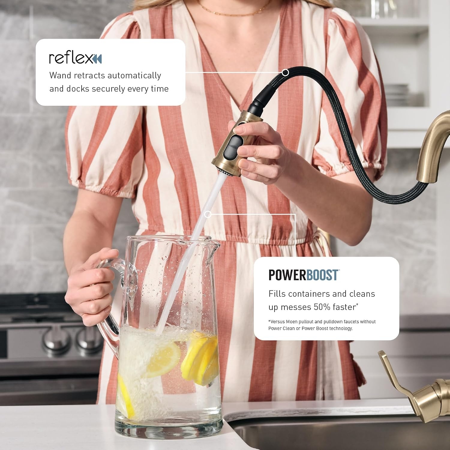 image:imageMoen Meena One Handle Kitchen Faucet with Pull Down Sprayer High Arc Kitchen Sink Faucet Featuring Reflex System and Duralock Quick Connect Bronzed Gold 87270BZGBronzed Gold