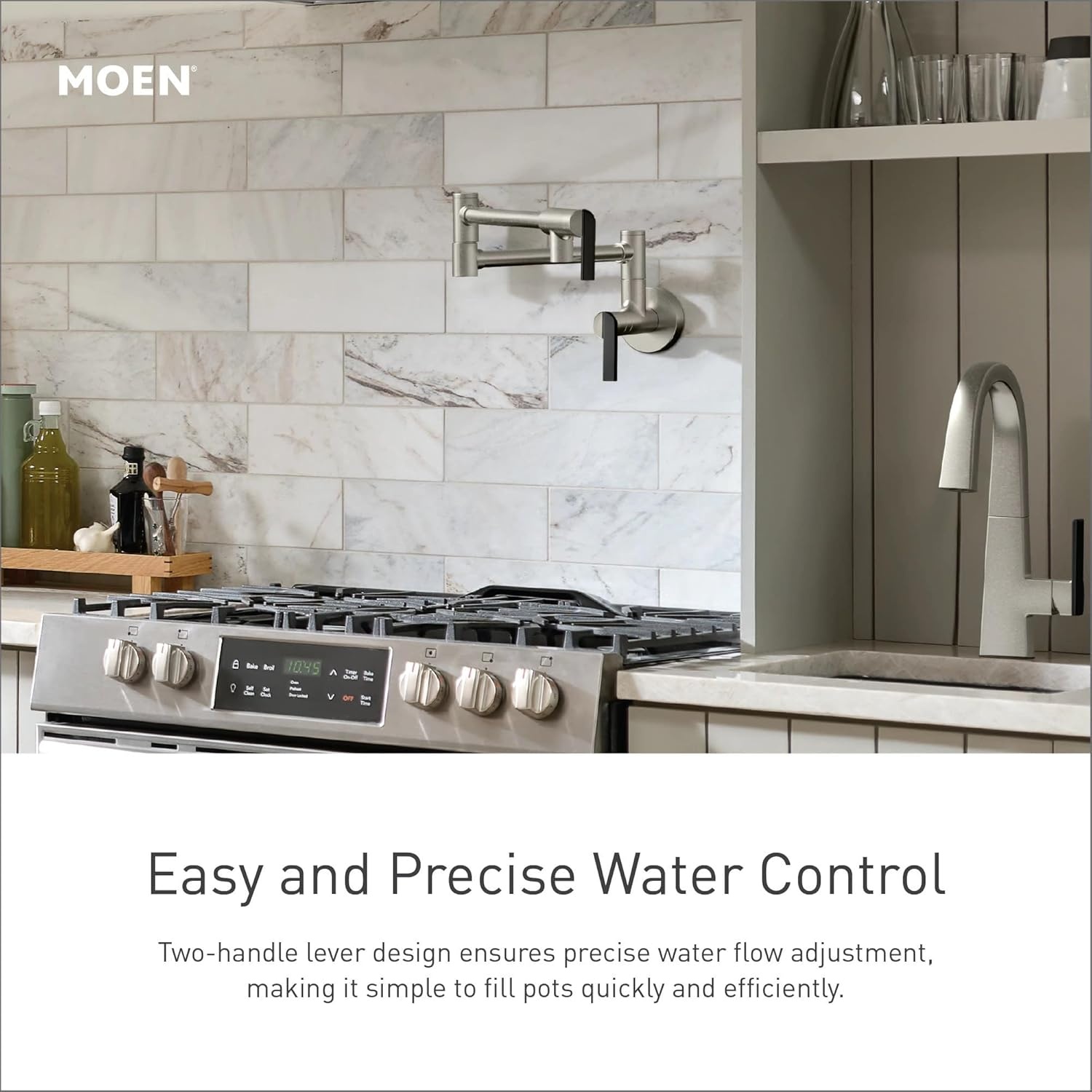 image:imageMoen Modern Spot Resist Stainless Wall Mount Swing Arm Folding Pot Filler Double Jointed Kitchen Faucet S665SRSSpot Resist Stainless