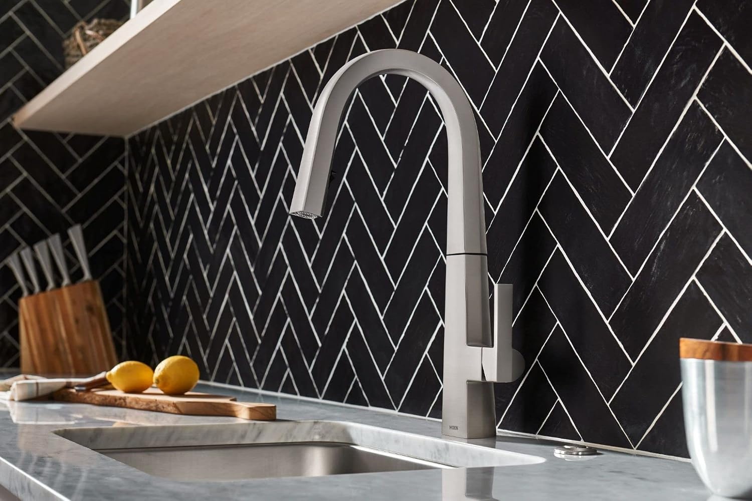 image:imageMoen Nio Matte Black OneHandle Pulldown Kitchen Faucet with Power Clean Accent Handle Included for Customizing S75005BLSpot Resist Stainless
