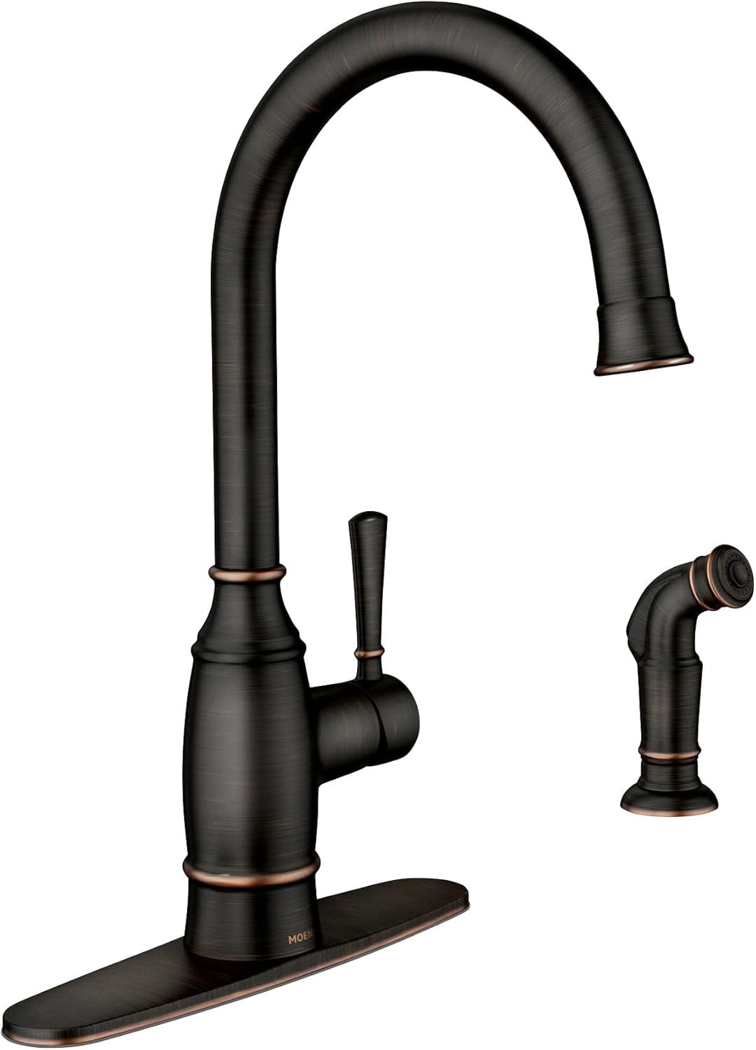 image:imageMoen Noell 1Handle Kitchen Faucet with Side Sprayer 87506BRB Singlehandle faucet Side sprayer included Deckmounted installation Mediterranean bronze finish Kitchen sink faucet