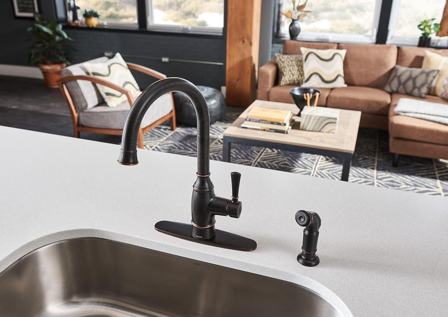 image:imageMoen Noell 1Handle Kitchen Faucet with Side Sprayer 87506BRB Singlehandle faucet Side sprayer included Deckmounted installation Mediterranean bronze finish Kitchen sink faucet