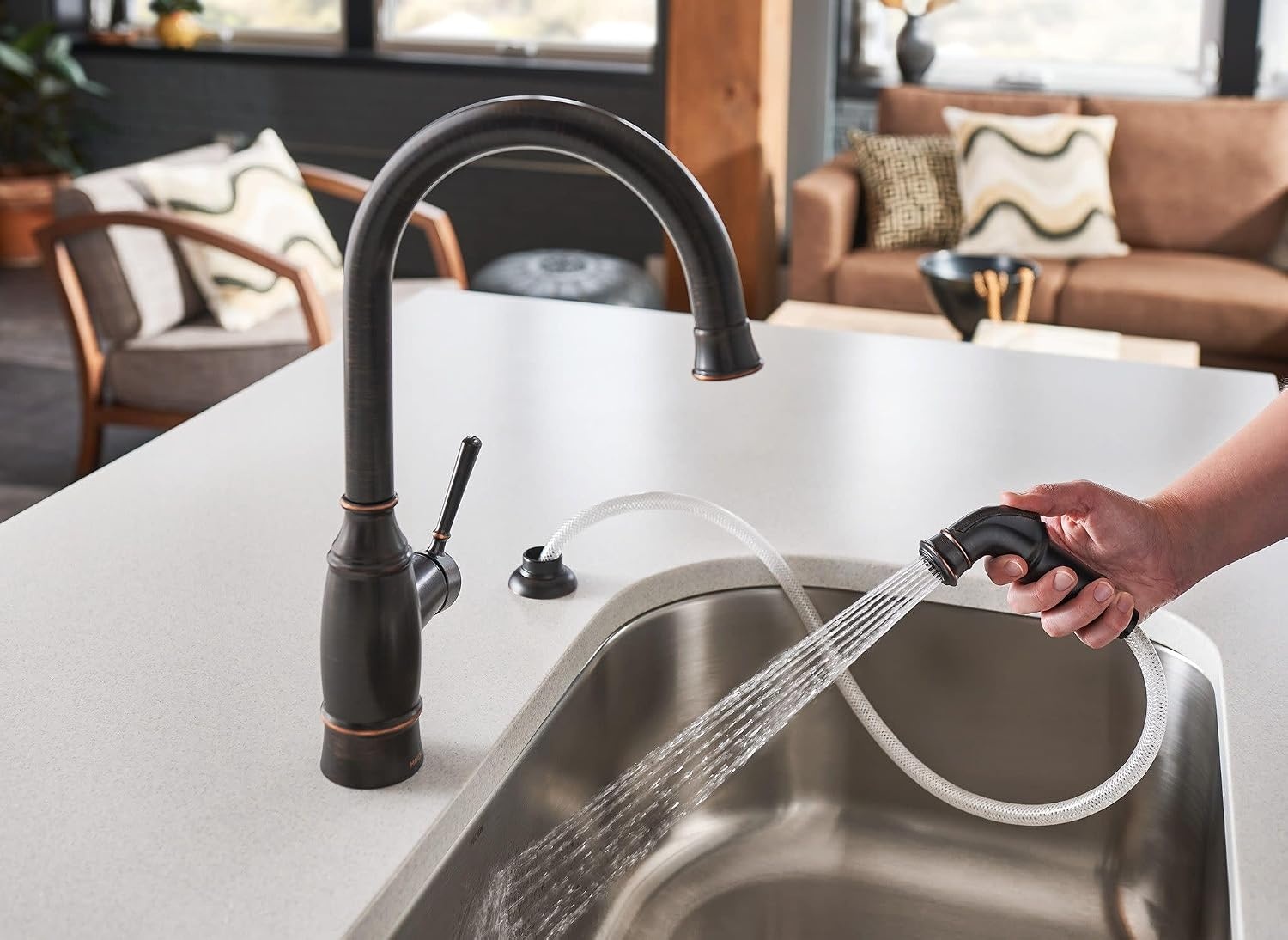 image:imageMoen Noell 1Handle Kitchen Faucet with Side Sprayer 87506BRB Singlehandle faucet Side sprayer included Deckmounted installation Mediterranean bronze finish Kitchen sink faucet