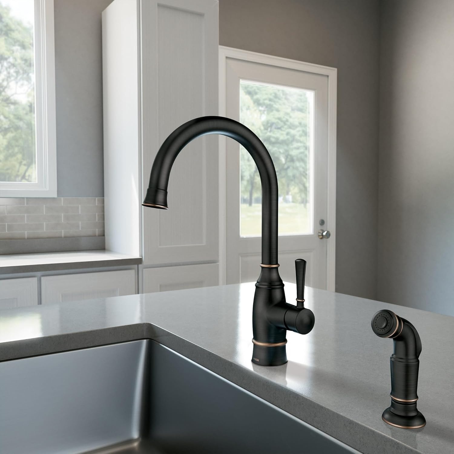 image:imageMoen Noell 1Handle Kitchen Faucet with Side Sprayer 87506BRB Singlehandle faucet Side sprayer included Deckmounted installation Mediterranean bronze finish Kitchen sink faucet