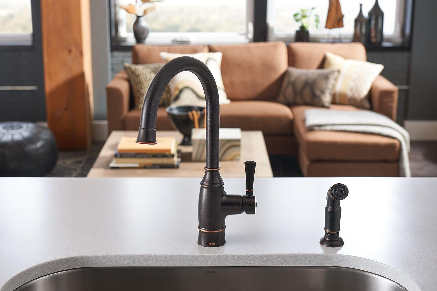 image:imageMoen Noell 1Handle Kitchen Faucet with Side Sprayer 87506BRB Singlehandle faucet Side sprayer included Deckmounted installation Mediterranean bronze finish Kitchen sink faucet