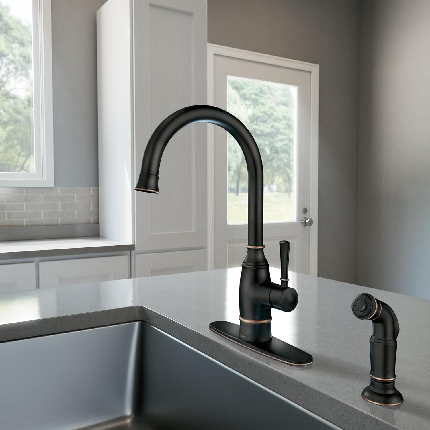 image:imageMoen Noell 1Handle Kitchen Faucet with Side Sprayer 87506BRB Singlehandle faucet Side sprayer included Deckmounted installation Mediterranean bronze finish Kitchen sink faucet