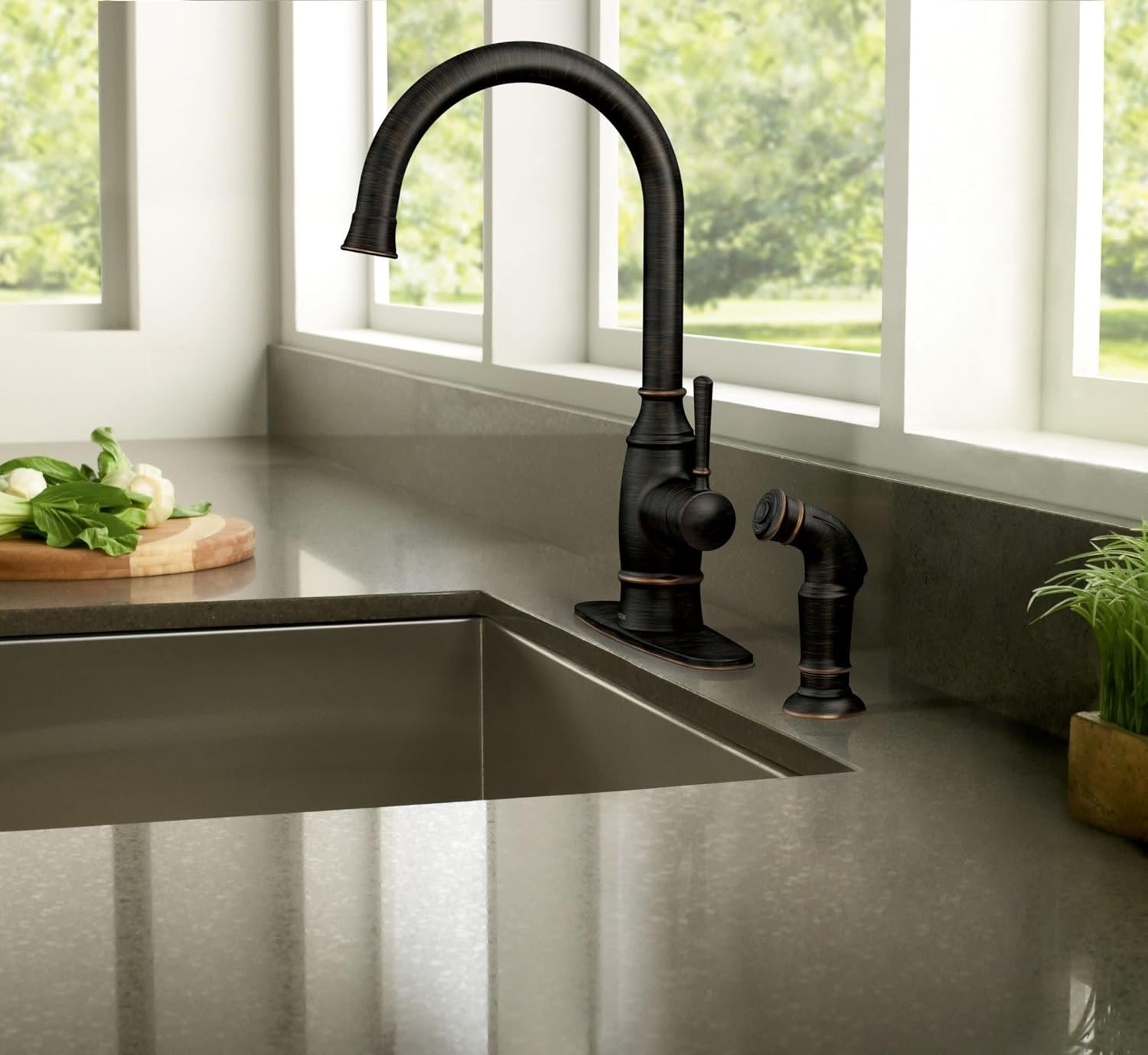 image:imageMoen Noell 1Handle Kitchen Faucet with Side Sprayer 87506BRB Singlehandle faucet Side sprayer included Deckmounted installation Mediterranean bronze finish Kitchen sink faucet