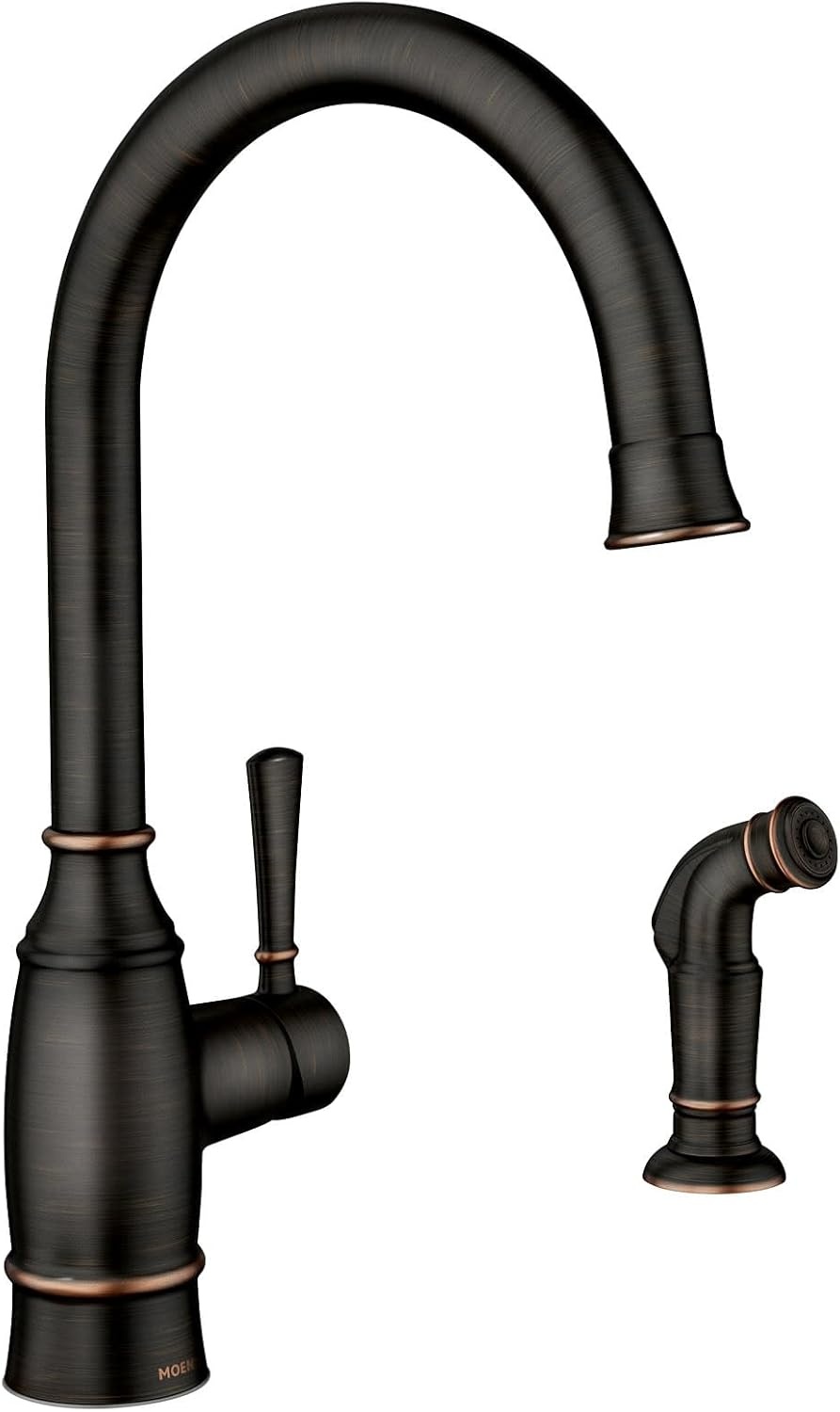 image:imageMoen Noell 1Handle Kitchen Faucet with Side Sprayer 87506BRB Singlehandle faucet Side sprayer included Deckmounted installation Mediterranean bronze finish Kitchen sink faucet