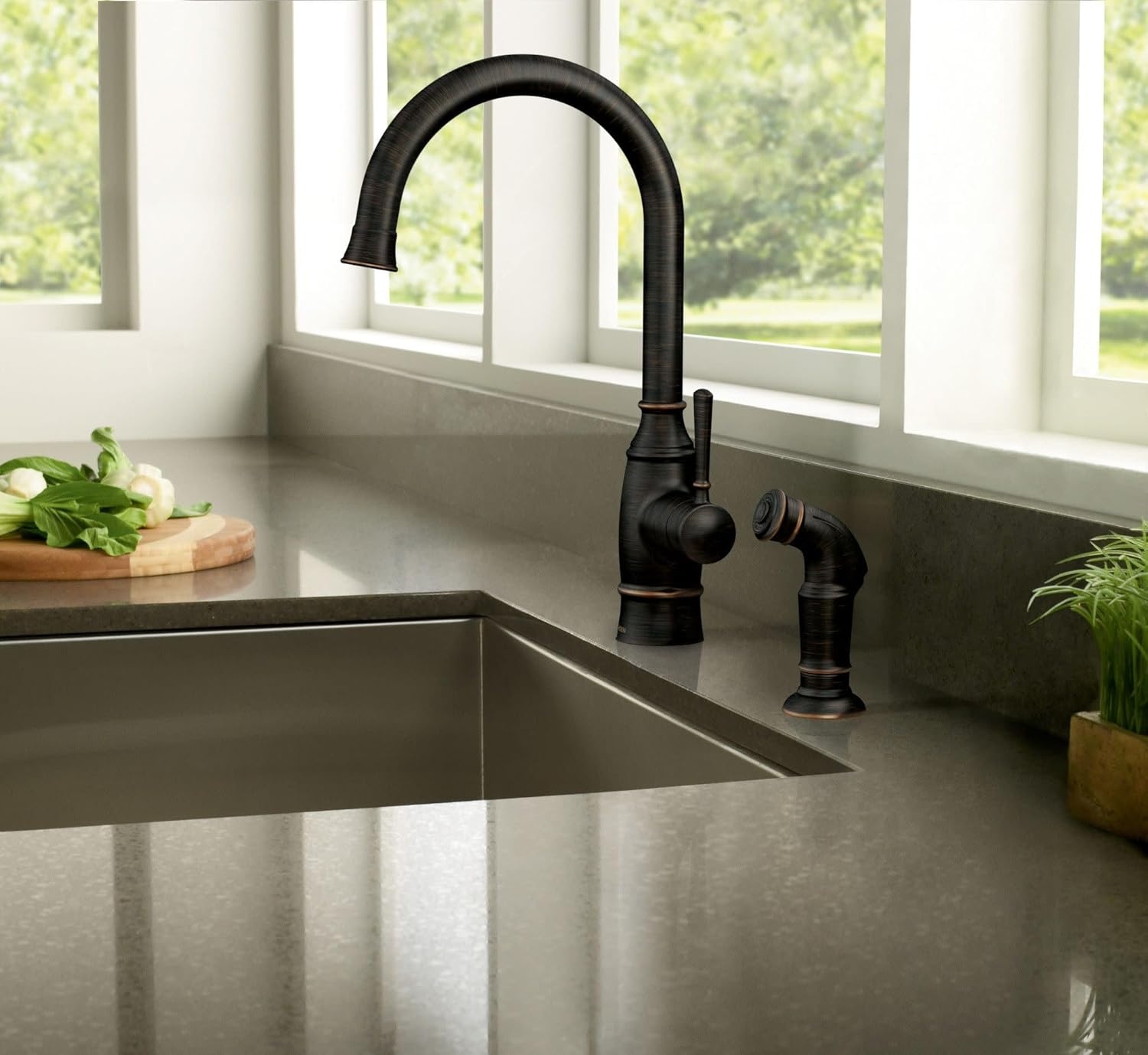 image:imageMoen Noell 1Handle Kitchen Faucet with Side Sprayer 87506BRB Singlehandle faucet Side sprayer included Deckmounted installation Mediterranean bronze finish Kitchen sink faucet